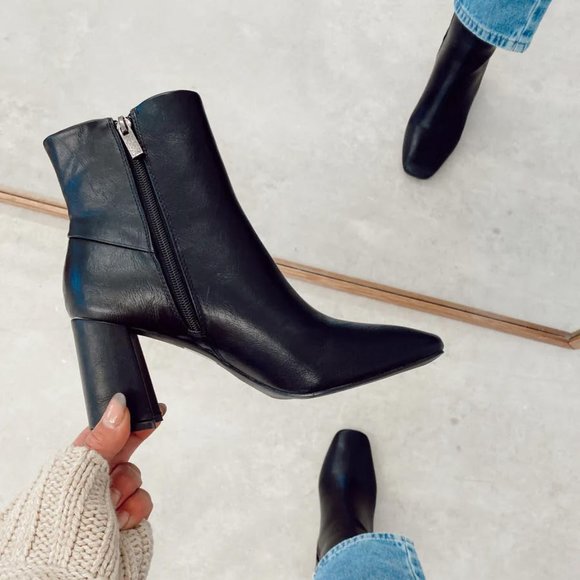 NEW Black Faux Leather Sleek Slim Square Toe Block Heel Ankle Boots Bootie Shoes - Picture 13 of 13
